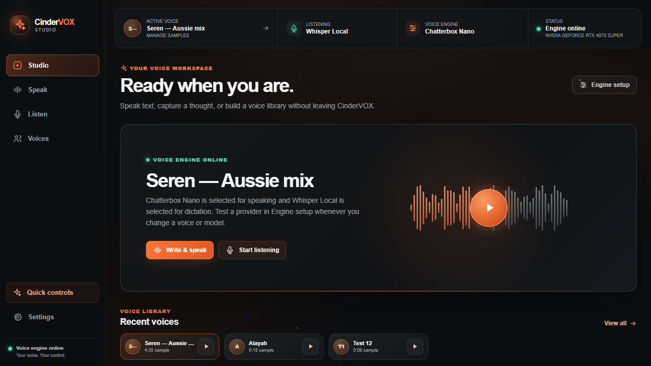 CinderVOX Studio frontend development dashboard showing voice selection, speaking and listening controls